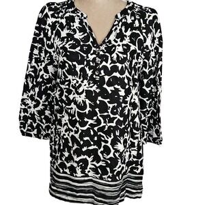 Rafaella Womens Medium‎ Linen Tunic Top Black/White Coastal Chic  Office
